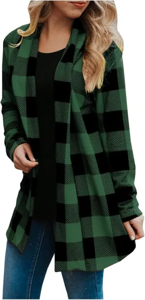 Womens Oversized Plaid Cardigan Jacket Lightweight Trendy Open Front Mid-Length Outerwears Work Business Casual Coats