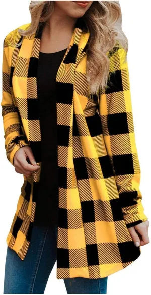 Womens Oversized Plaid Cardigan Jacket Lightweight Trendy Open Front Mid-Length Outerwears Work Business Casual Coats