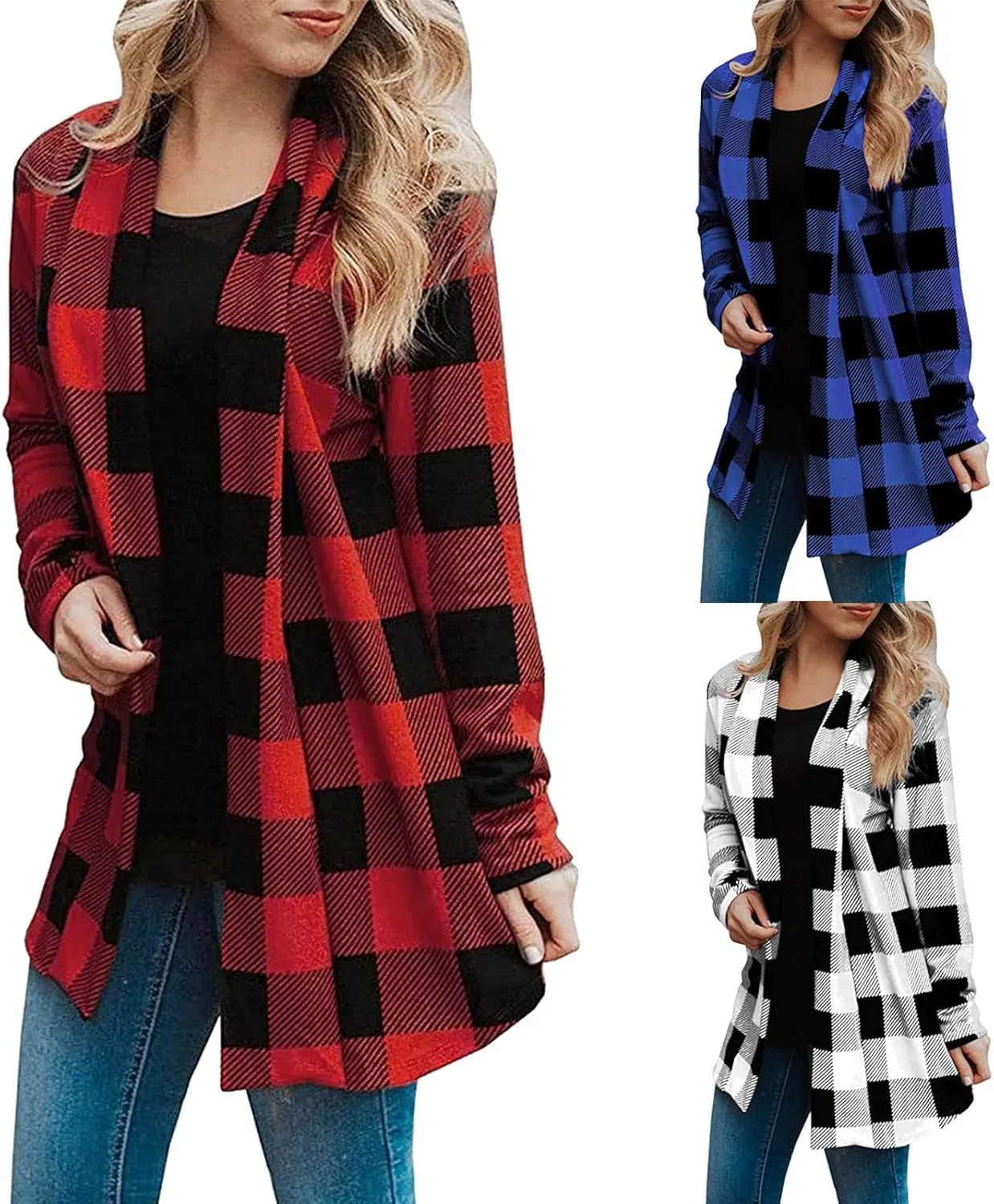 Womens Oversized Plaid Cardigan Jacket Lightweight Trendy Open Front Mid-Length Outerwears Work Business Casual Coats