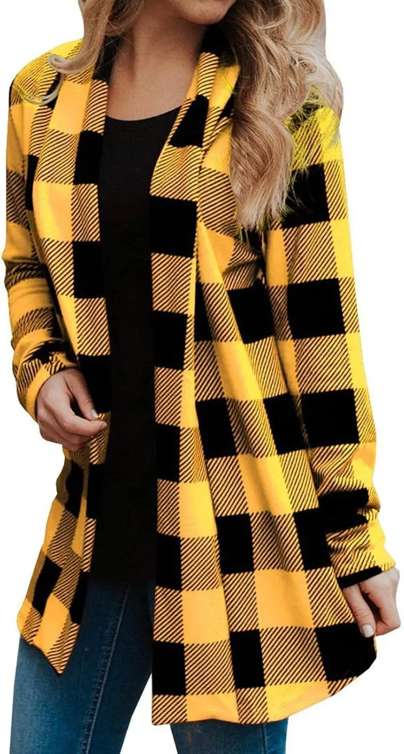 Womens Oversized Plaid Cardigan Jacket Lightweight Trendy Open Front Mid-Length Outerwears Work Business Casual Coats