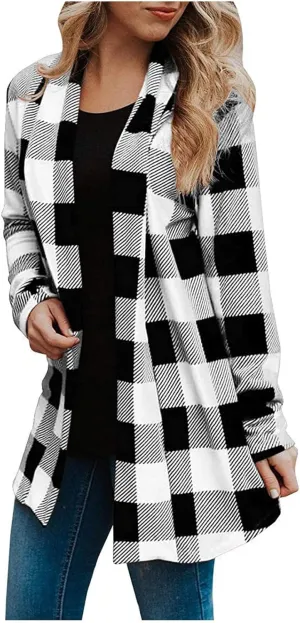 Womens Oversized Plaid Cardigan Jacket Lightweight Trendy Open Front Mid-Length Outerwears Work Business Casual Coats