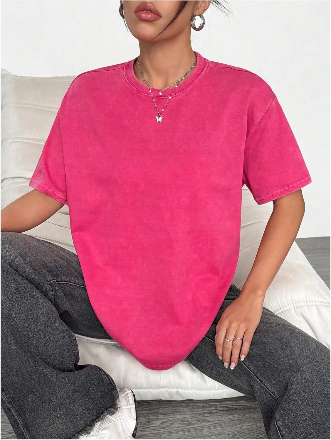 Women's Oversized T Shirts Butterfly Embroidery Sheer Mesh Tee Half Sleeve Crew Neck Casual Tops