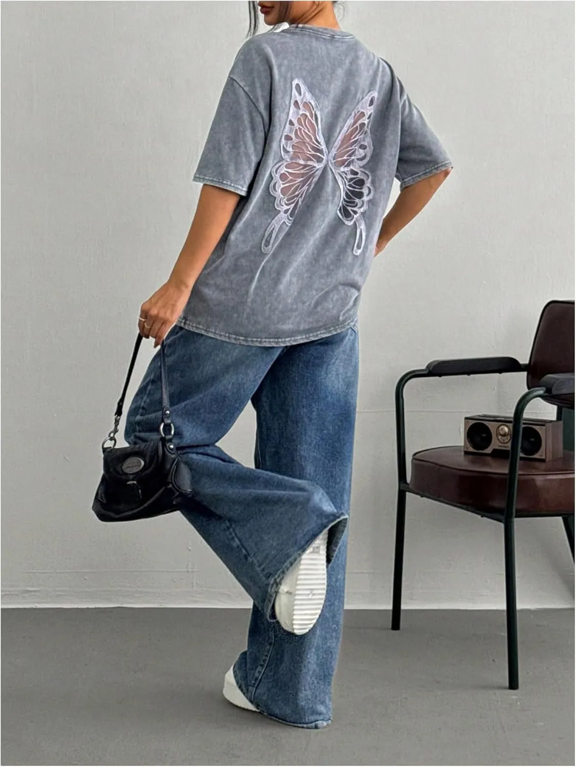 Women's Oversized T Shirts Butterfly Embroidery Sheer Mesh Tee Half Sleeve Crew Neck Casual Tops