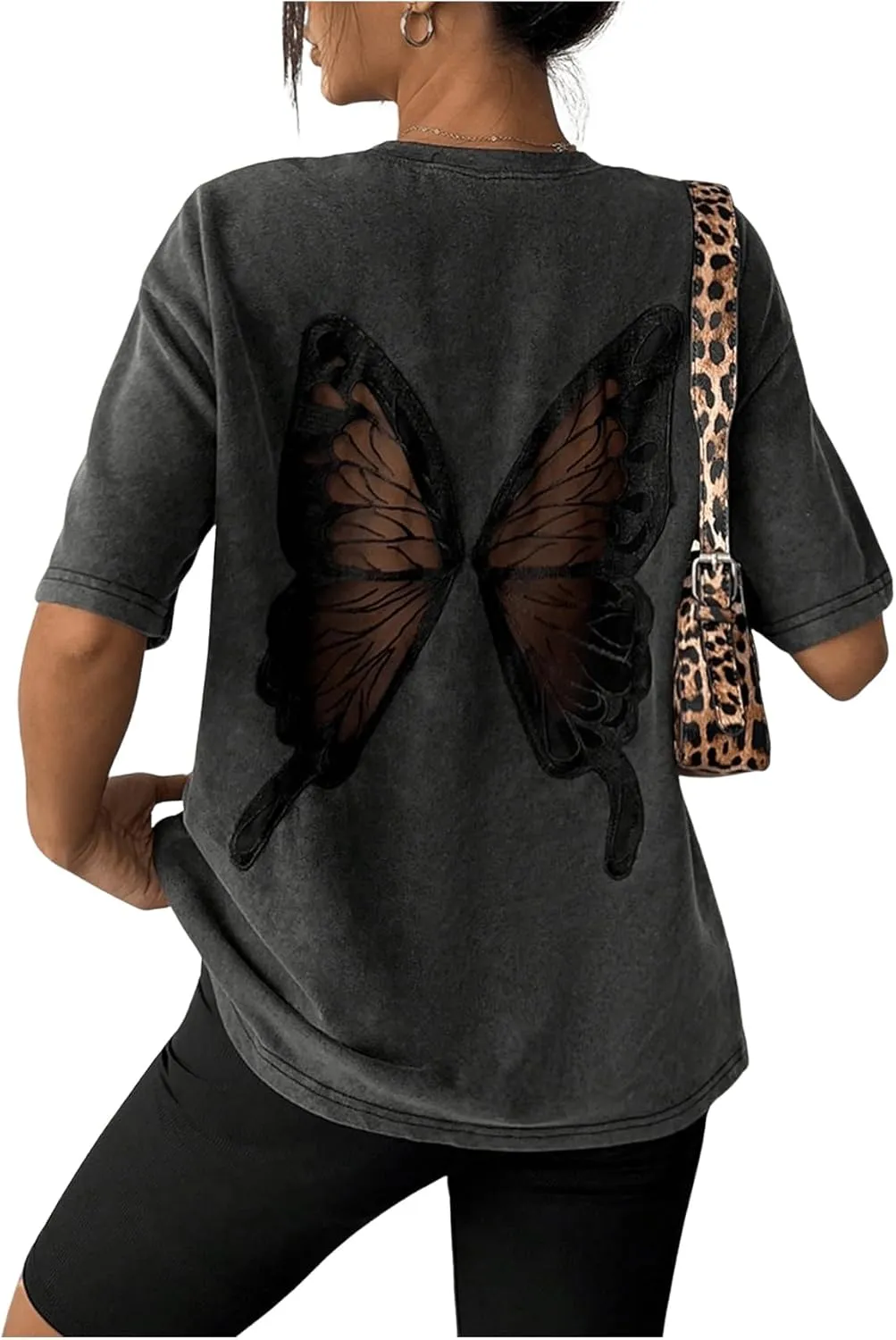 Women's Oversized T Shirts Butterfly Embroidery Sheer Mesh Tee Half Sleeve Crew Neck Casual Tops