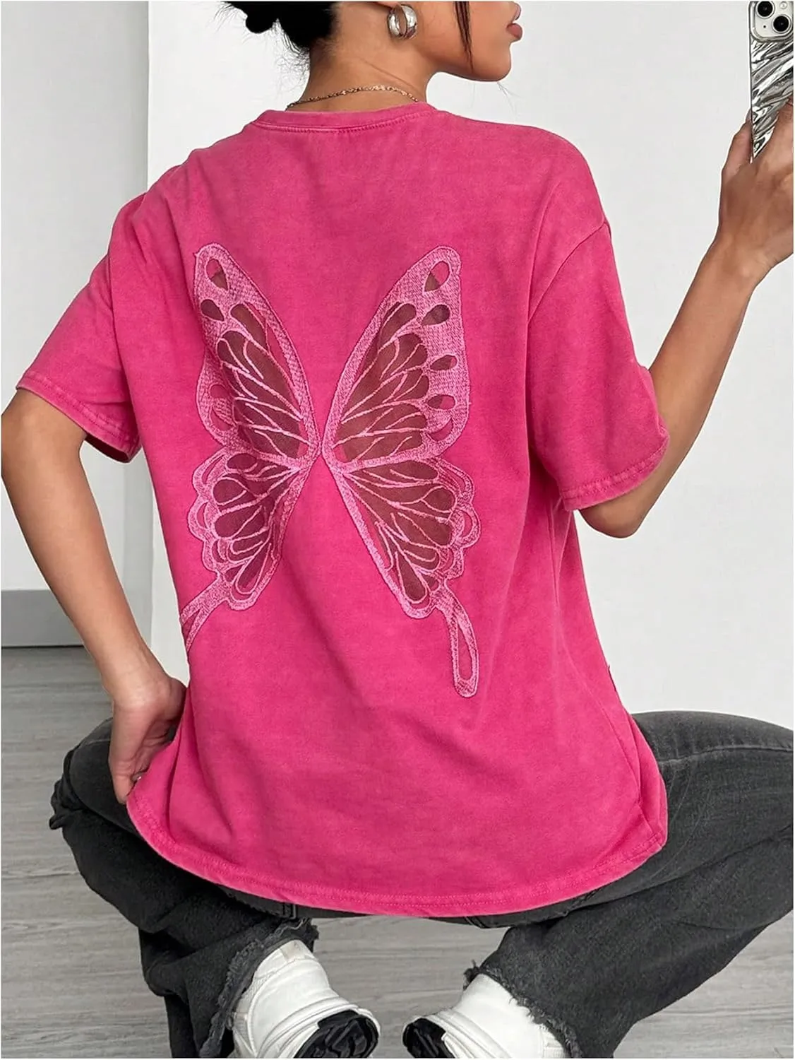Women's Oversized T Shirts Butterfly Embroidery Sheer Mesh Tee Half Sleeve Crew Neck Casual Tops