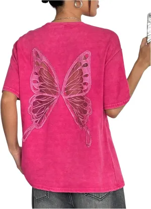 Women's Oversized T Shirts Butterfly Embroidery Sheer Mesh Tee Half Sleeve Crew Neck Casual Tops