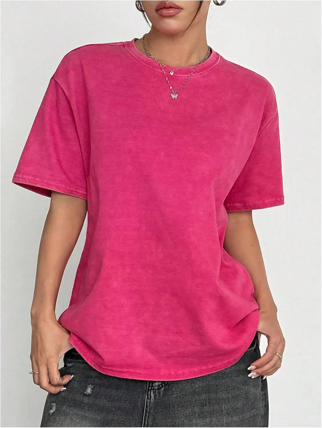 Women's Oversized T Shirts Butterfly Embroidery Sheer Mesh Tee Half Sleeve Crew Neck Casual Tops