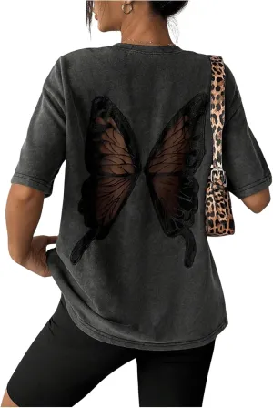 Women's Oversized T Shirts Butterfly Embroidery Sheer Mesh Tee Half Sleeve Crew Neck Casual Tops