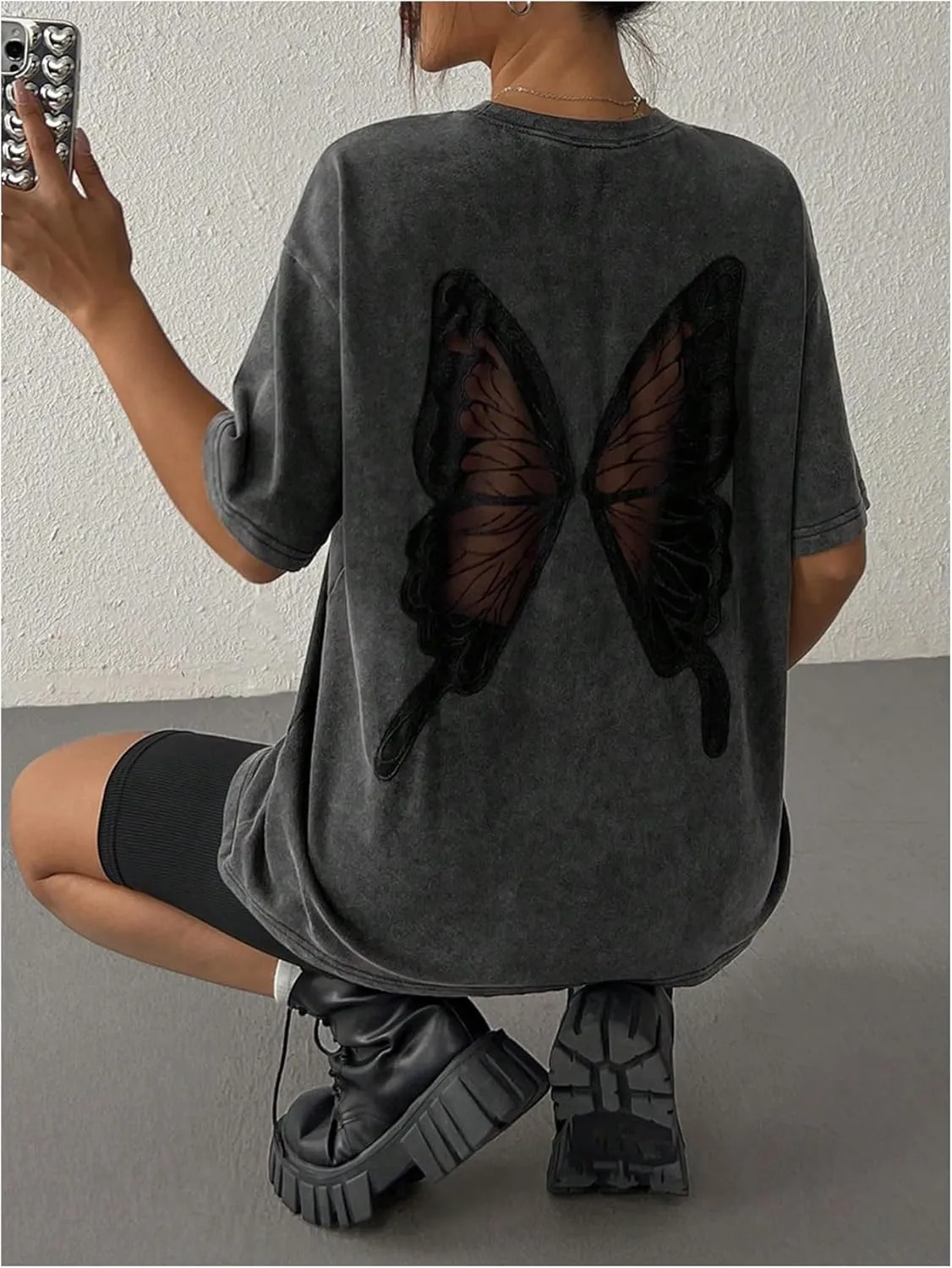 Women's Oversized T Shirts Butterfly Embroidery Sheer Mesh Tee Half Sleeve Crew Neck Casual Tops