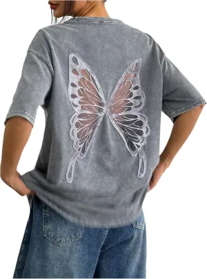 Women's Oversized T Shirts Butterfly Embroidery Sheer Mesh Tee Half Sleeve Crew Neck Casual Tops