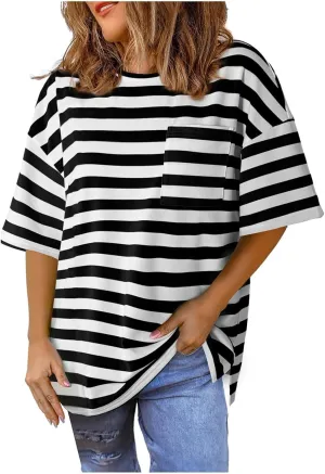 Womens Oversized Tees Color Block Striped Tshirts Summer Casual Short Sleeve Tops Loose Fit Crew Neck Shirts