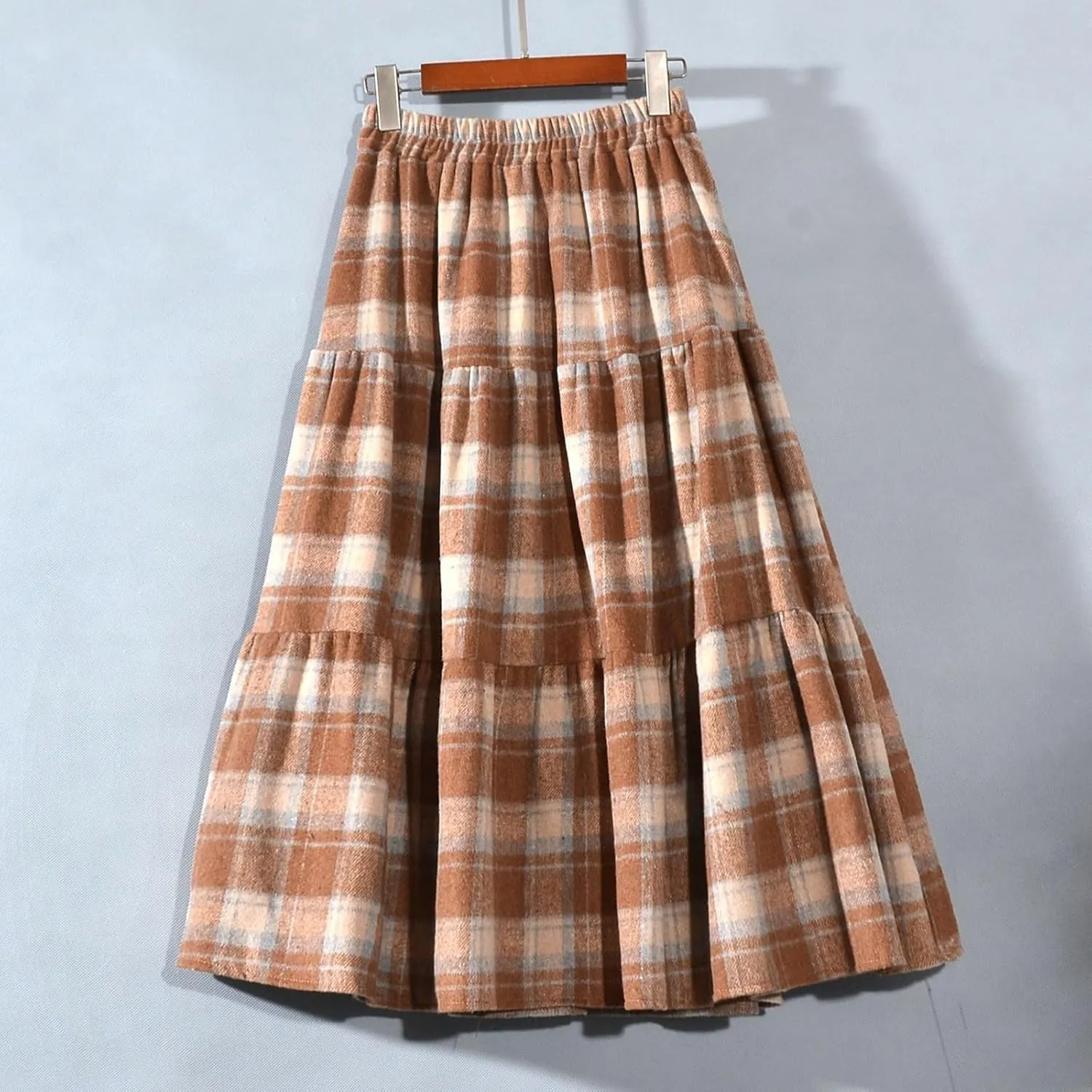 Women's Plaid Woolen A-Line Skirts Elastic High Waist Tiered Ruffle Midi Skirts Vintage Casual Pleated Swing Skirt