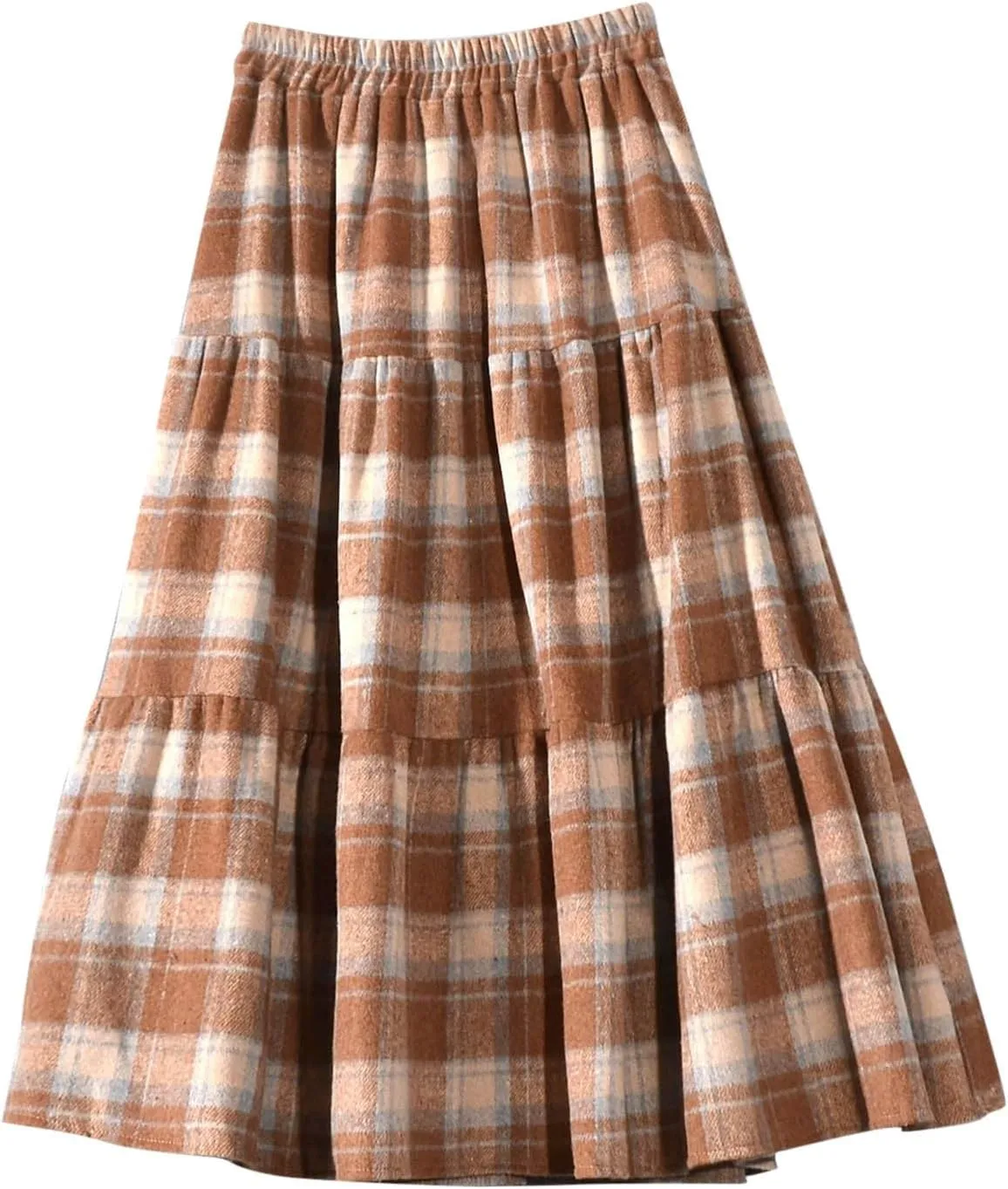 Women's Plaid Woolen A-Line Skirts Elastic High Waist Tiered Ruffle Midi Skirts Vintage Casual Pleated Swing Skirt