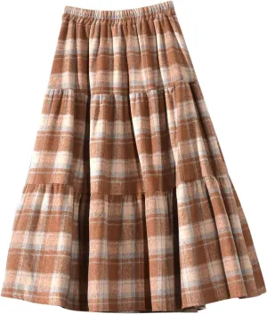 Women's Plaid Woolen A-Line Skirts Elastic High Waist Tiered Ruffle Midi Skirts Vintage Casual Pleated Swing Skirt