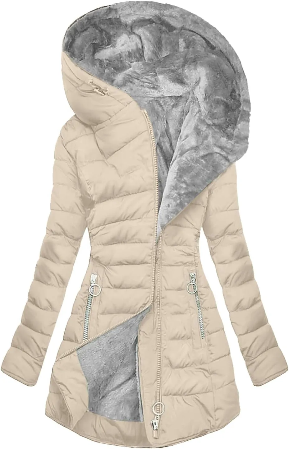 Womens Puffer Jacket Plus Size Fleece Lined Hoodies Long Thicken Pockets Down Jacket Warm Windproof Outerwear 2024