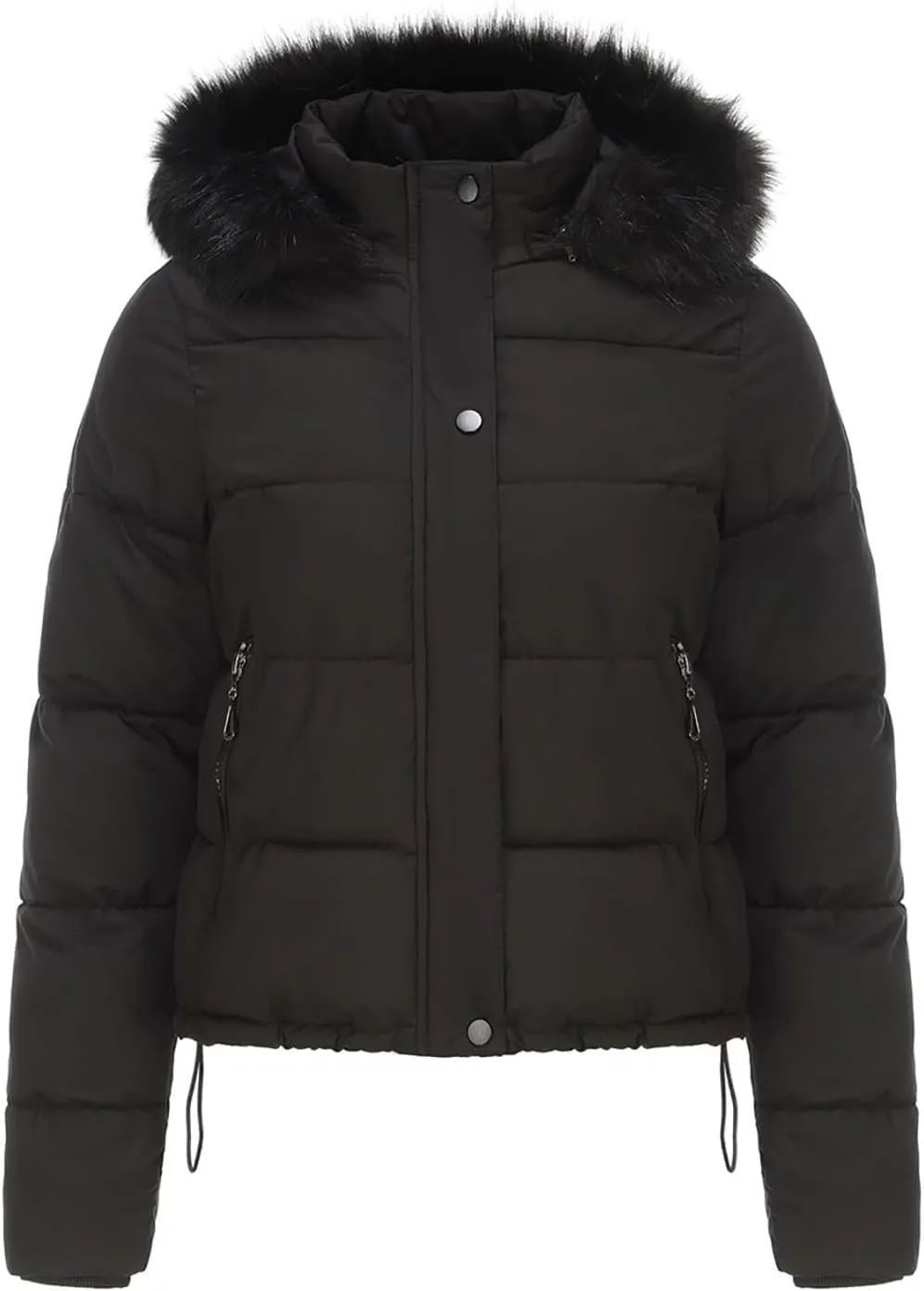 Women's Puffer Jacket Warm Thickened Zip Up Crop Down Jacket Quilted Parkas Faux Fur Removable Hood Outerwear Pockets