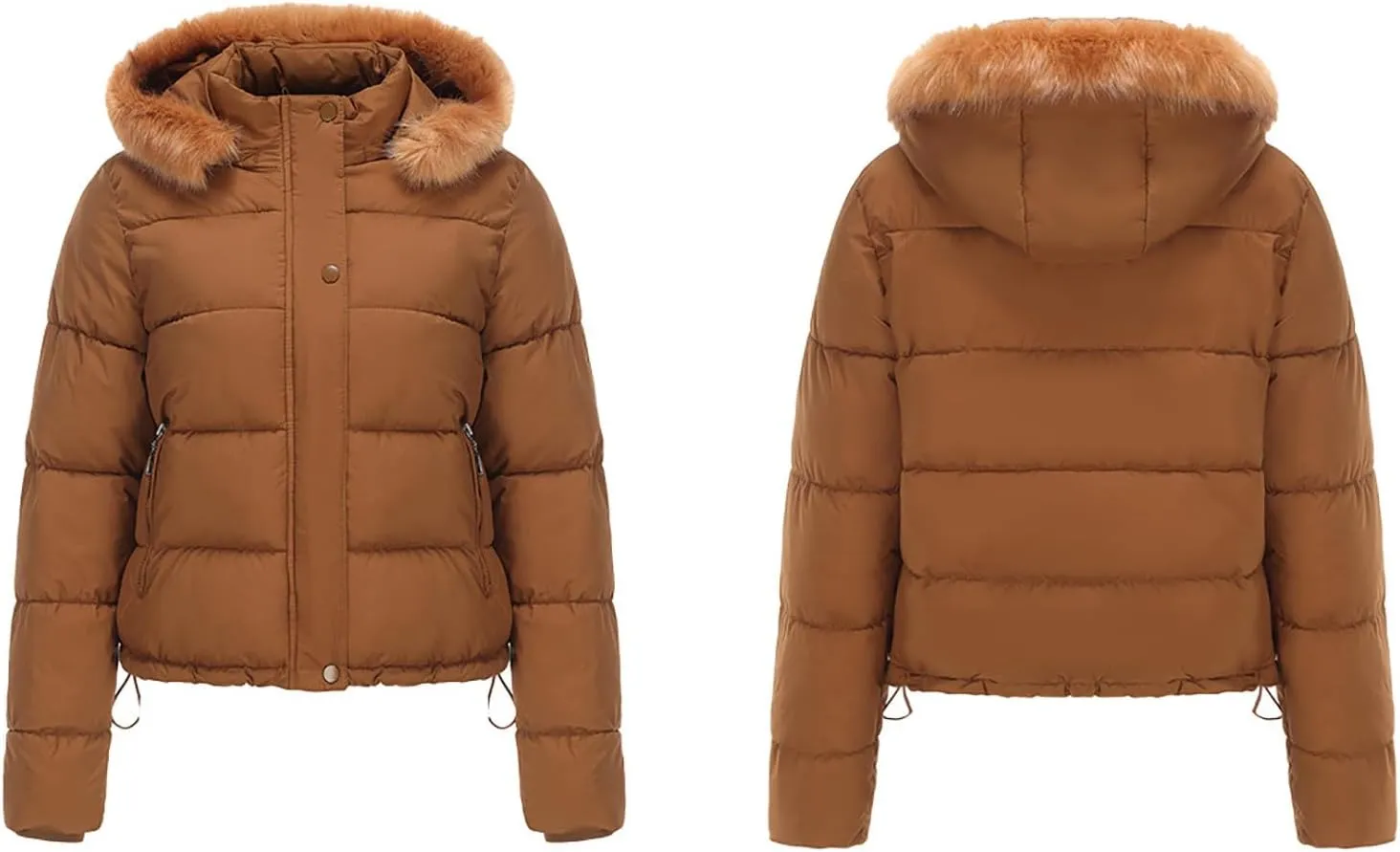 Women's Puffer Jacket Warm Thickened Zip Up Crop Down Jacket Quilted Parkas Faux Fur Removable Hood Outerwear Pockets