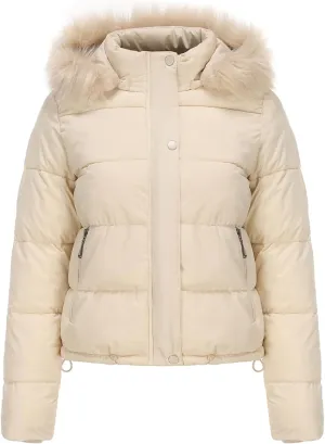 Women's Puffer Jacket Warm Thickened Zip Up Crop Down Jacket Quilted Parkas Faux Fur Removable Hood Outerwear Pockets