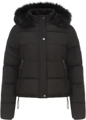 Women's Puffer Jacket Warm Thickened Zip Up Crop Down Jacket Quilted Parkas Faux Fur Removable Hood Outerwear Pockets