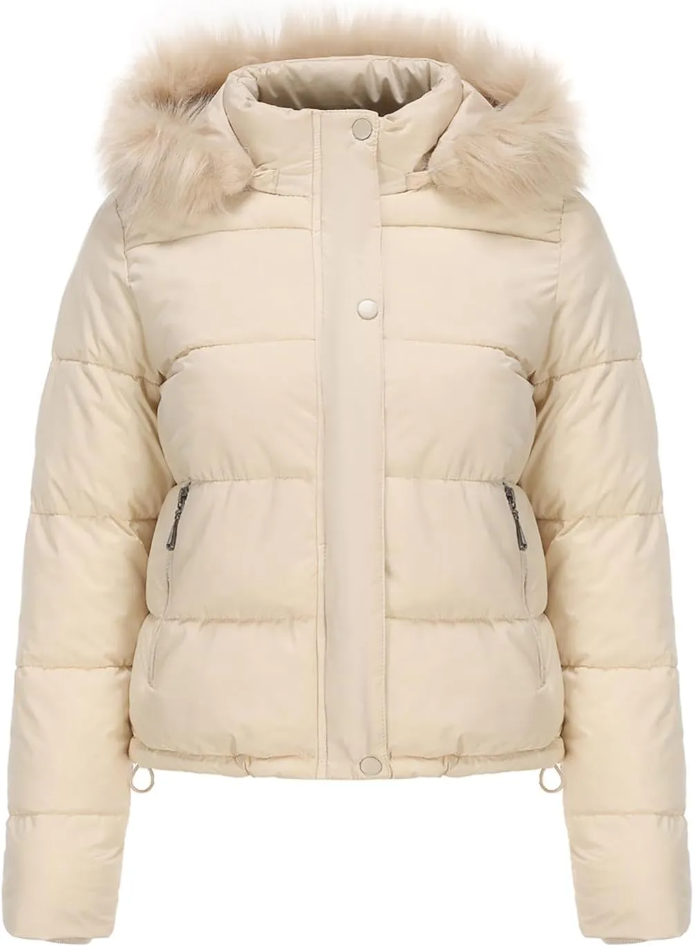 Women's Puffer Jacket Warm Thickened Zip Up Crop Down Jacket Quilted Parkas Faux Fur Removable Hood Outerwear Pockets