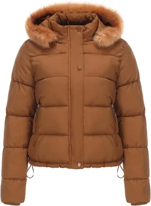 Women's Puffer Jacket Warm Thickened Zip Up Crop Down Jacket Quilted Parkas Faux Fur Removable Hood Outerwear Pockets