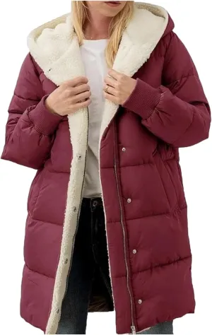 Women's Puffer Jacket Zipper Button Hooded Down Jacket Sherpa Fleece Lined Thickened Jacket Winter Warm Down Coat