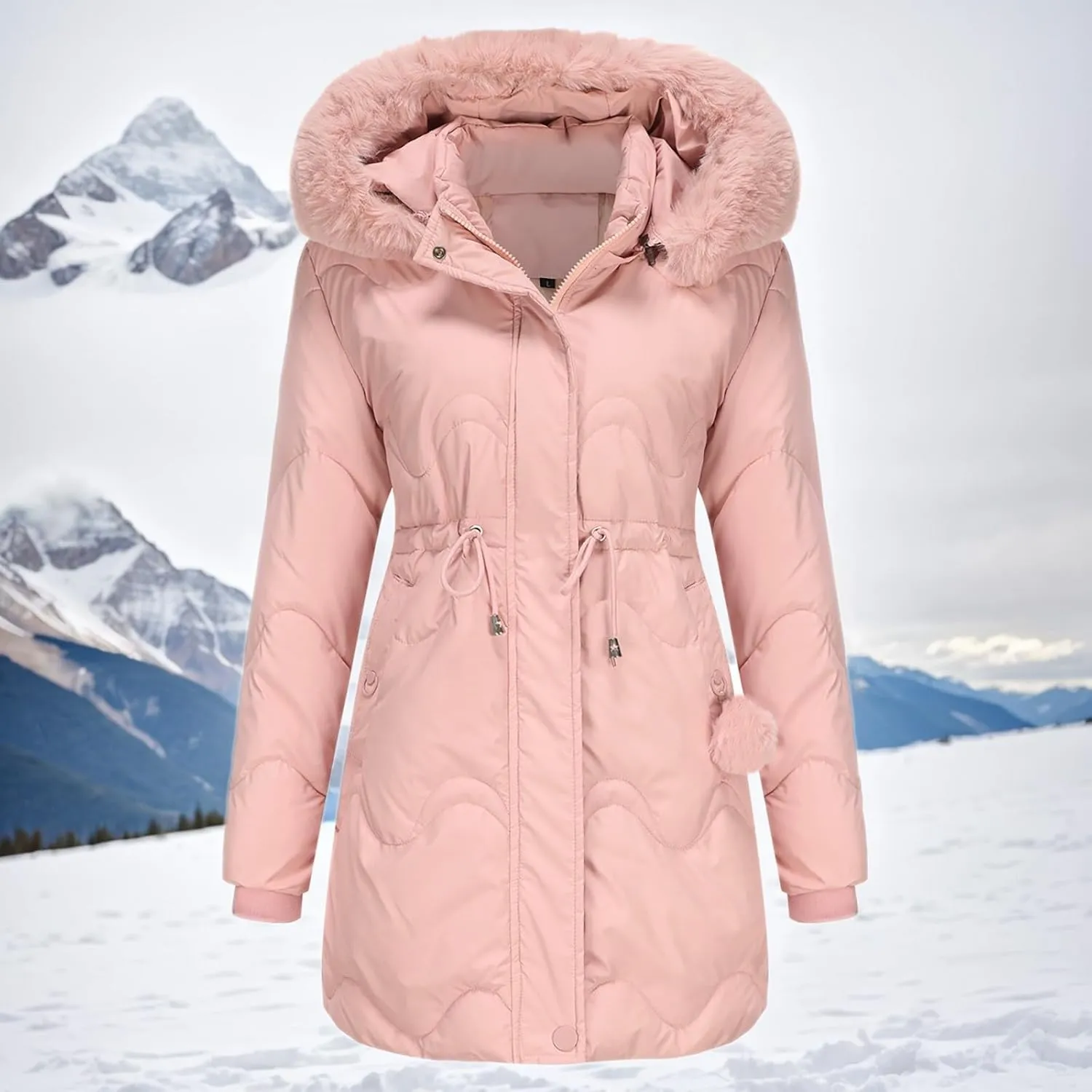 Women's Puffer Jackets Warm Winter Down Coats Long Length Maxi Solid Color Zip Quilted Puffer Jackets with Fur Hood