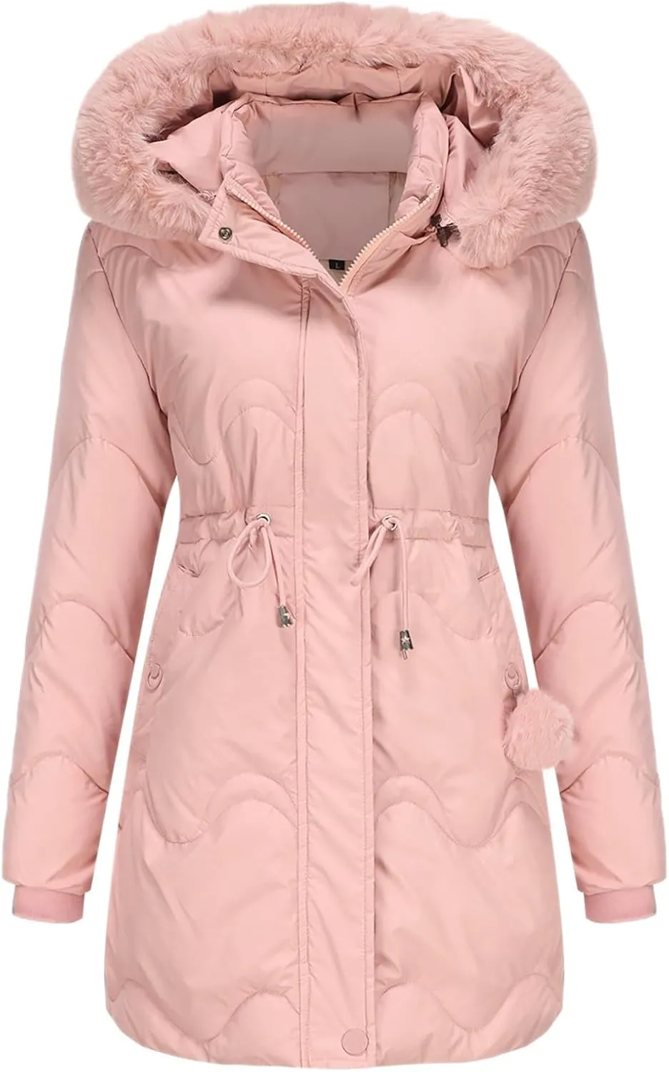 Women's Puffer Jackets Warm Winter Down Coats Long Length Maxi Solid Color Zip Quilted Puffer Jackets with Fur Hood