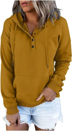 Women's Pullover Hoodies Tops Casual Button Down Long Sleeve Hooded Sweatshirts With Kangaroo Pocket Trendy 2023