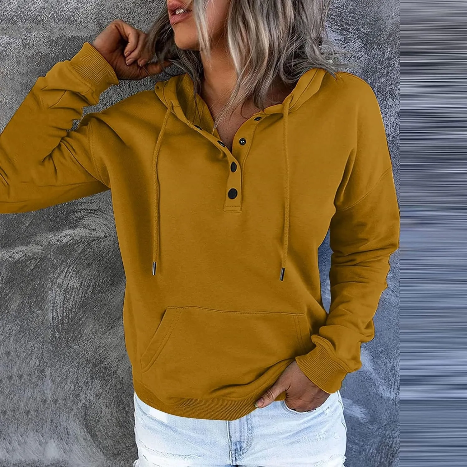 Women's Pullover Hoodies Tops Casual Button Down Long Sleeve Hooded Sweatshirts With Kangaroo Pocket Trendy 2023