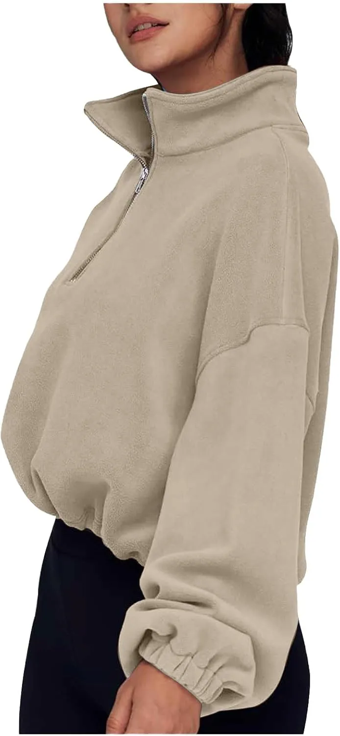 Womens Quarter Zip Hoodies Cropped Sweatshirts Long Sleeve Fleece Half Zip Sweatshirts Fall Outfits Clothes Pullover