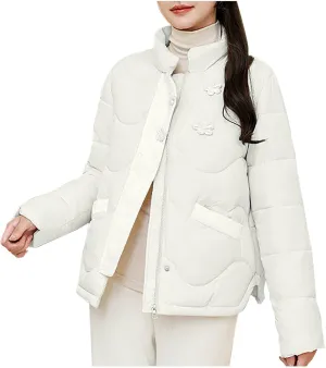 Womens Quilted Puffer Jacket Winter Warm Long Sleeve Down Coat Full Zipper Coats Solid Fashion Outerwear with Pockets