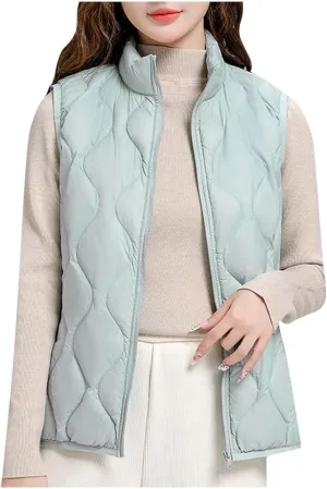 Womens Quilted Vest Lightweight Puffer Jackets Casual Stand Collar Coats Winter Warm Gilet Down Coat with Pockets