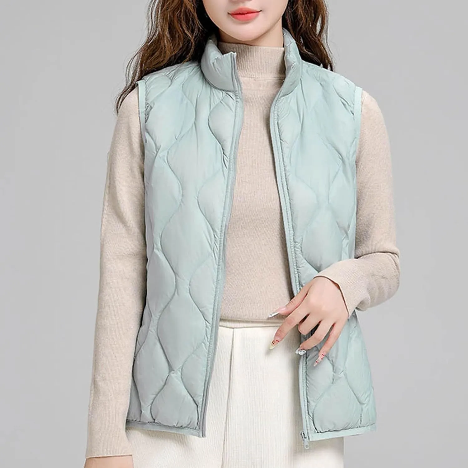 Womens Quilted Vest Lightweight Puffer Jackets Casual Stand Collar Coats Winter Warm Gilet Down Coat with Pockets