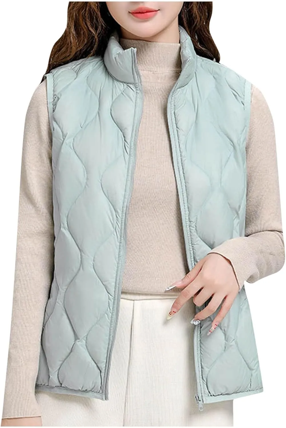 Womens Quilted Vest Lightweight Puffer Jackets Casual Stand Collar Coats Winter Warm Gilet Down Coat with Pockets