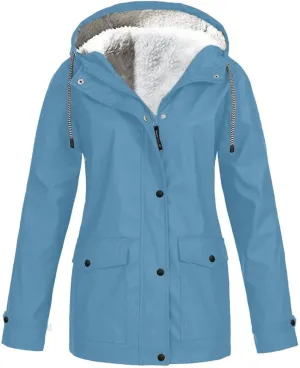 Women's Raincoats Plus Size Fleece-Lined Jacket Waterproof Winter Ski Jacket Outdoor Hooded Hiking Coats Windbreaker