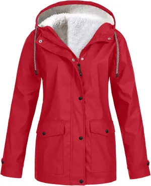Women's Raincoats Plus Size Fleece-Lined Jacket Waterproof Winter Ski Jacket Outdoor Hooded Hiking Coats Windbreaker
