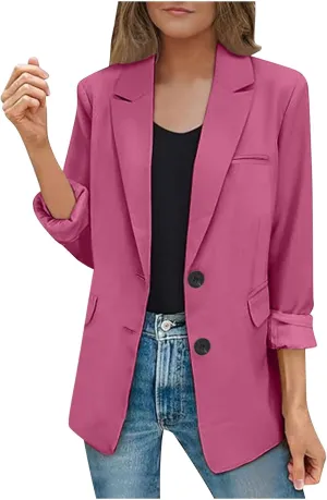Women's Rolled Up Long Sleeve Blazers Open Front Button Cardigan Jacket Lightweight Casual Loose Fit Suits Jackets