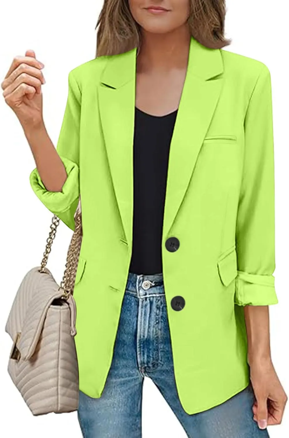 Women's Rolled Up Long Sleeve Blazers Open Front Button Cardigan Jacket Lightweight Casual Loose Fit Suits Jackets