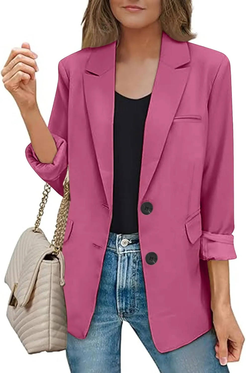 Women's Rolled Up Long Sleeve Blazers Open Front Button Cardigan Jacket Lightweight Casual Loose Fit Suits Jackets
