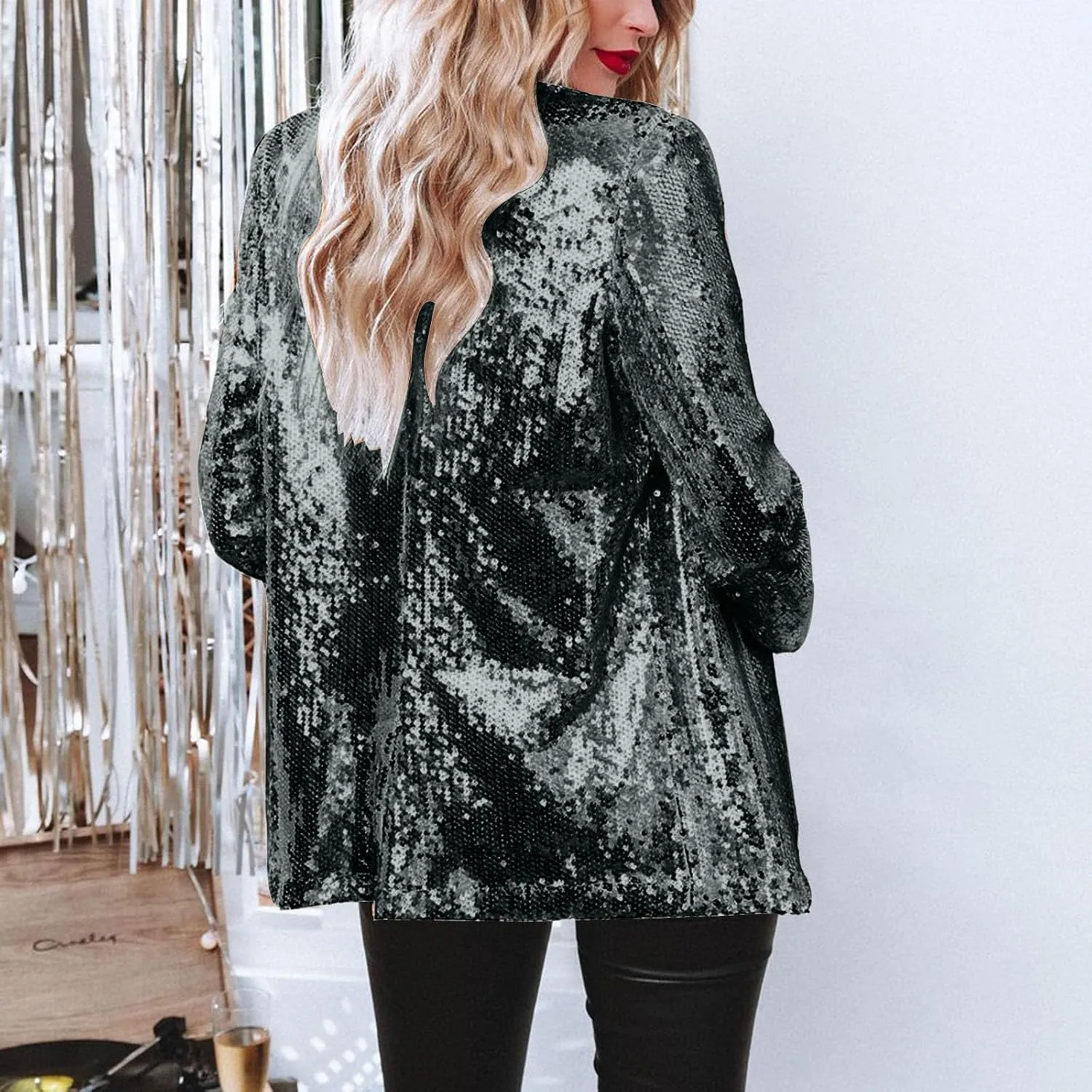 Women's Sequin Blazer Open Front Lapel Suit Jackets Glitter Lightweight Casual Long Sleeve Cardigan Coat with Pocket