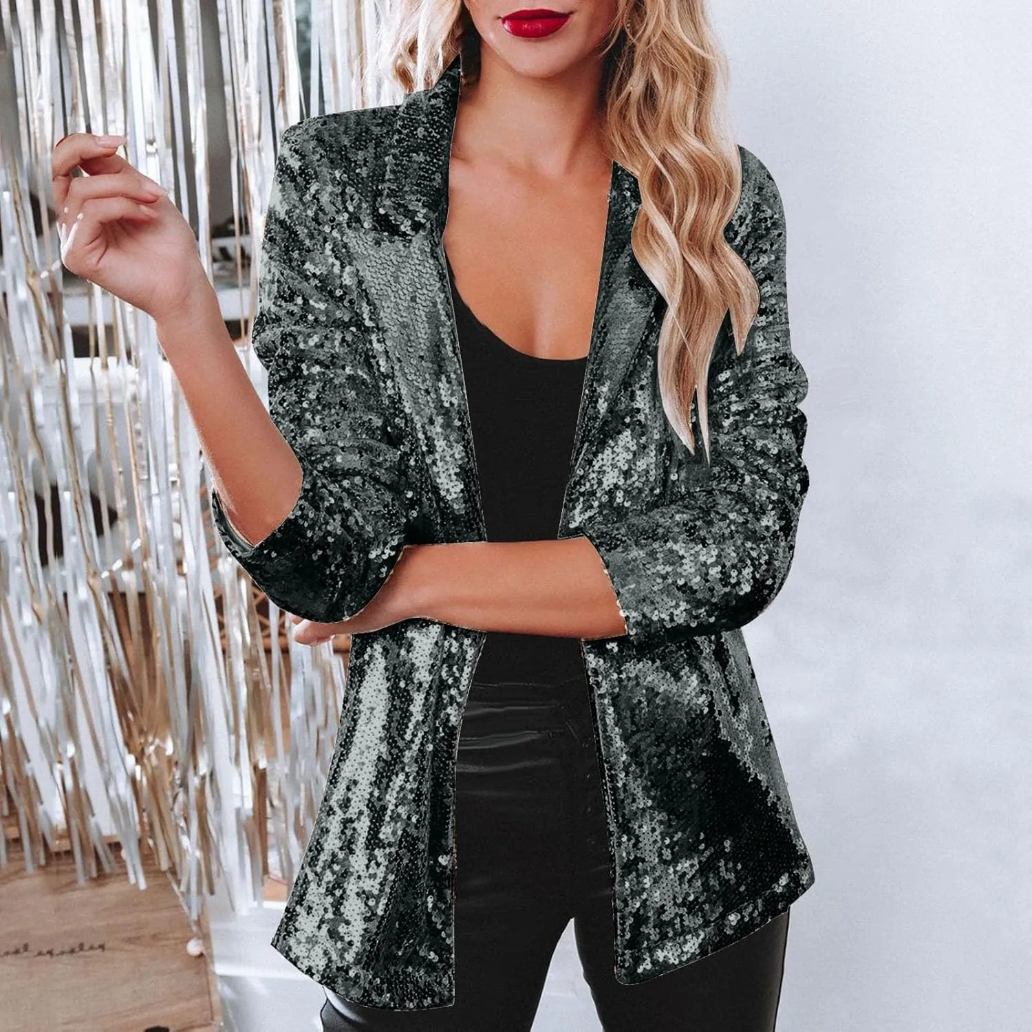 Women's Sequin Blazer Open Front Lapel Suit Jackets Glitter Lightweight Casual Long Sleeve Cardigan Coat with Pocket