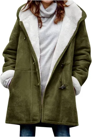 Womens Sherpa Fleece Lined Jackets Plus Size Fashion Winter Warm Coat Faux Suede Pea Coat Hooded Parka Outerwear 2024