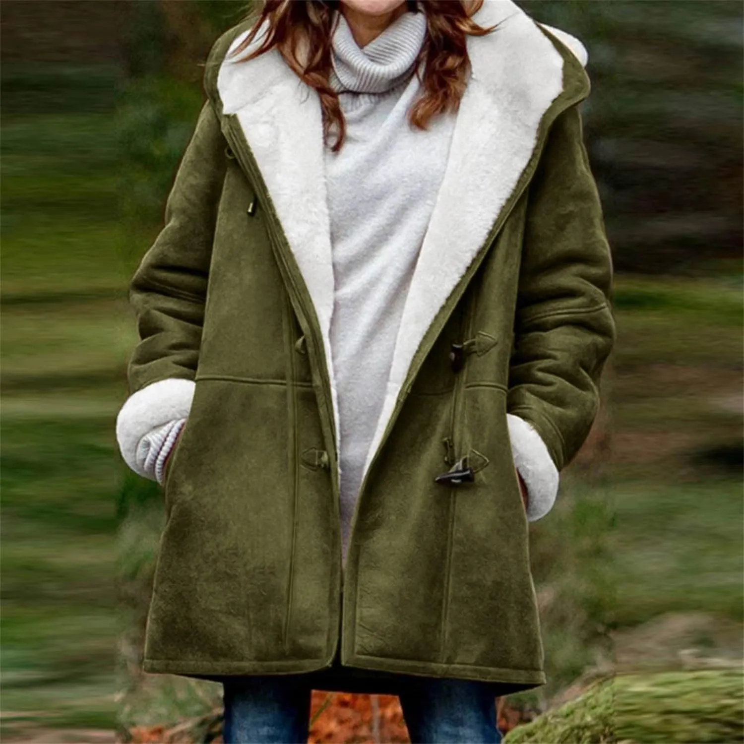 Womens Sherpa Fleece Lined Jackets Plus Size Fashion Winter Warm Coat Faux Suede Pea Coat Hooded Parka Outerwear 2024