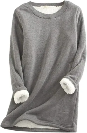 Women's Sherpa Lined Pullover Fleece Crewneck Sweatshirts Cute Winter Warm Fuzzy Sweaters Casual Loungewear