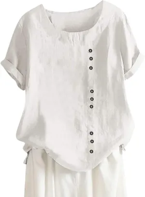 Women's Short Sleeve Linen Shirt Casual V Neck Oversized T Shirts Solid Color Loose Summer Tee Top