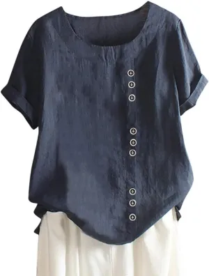 Women's Short Sleeve Linen Shirt Casual V Neck Oversized T Shirts Solid Color Loose Summer Tee Top
