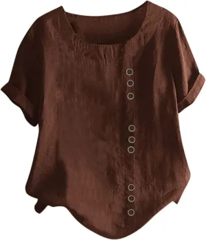 Women's Short Sleeve Linen Shirt Casual V Neck Oversized T Shirts Solid Color Loose Summer Tee Top
