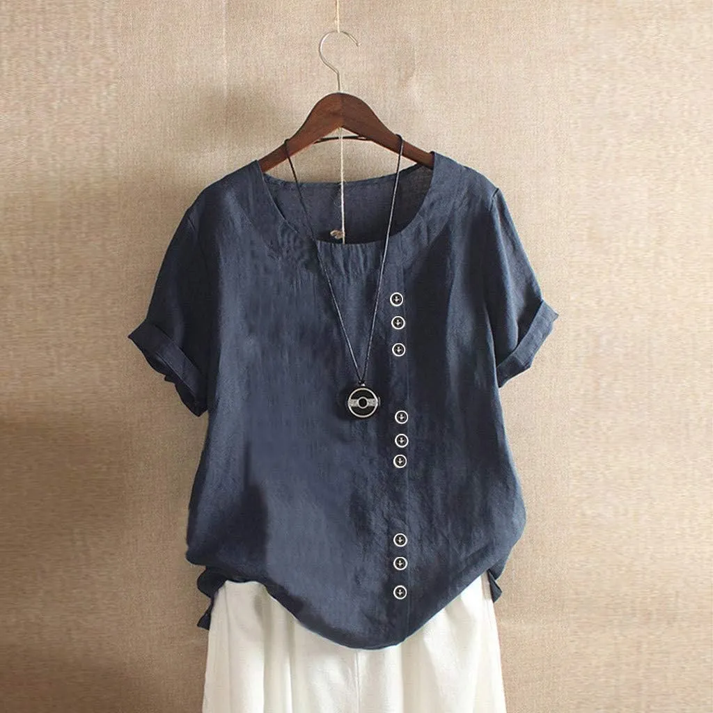 Women's Short Sleeve Linen Shirt Casual V Neck Oversized T Shirts Solid Color Loose Summer Tee Top