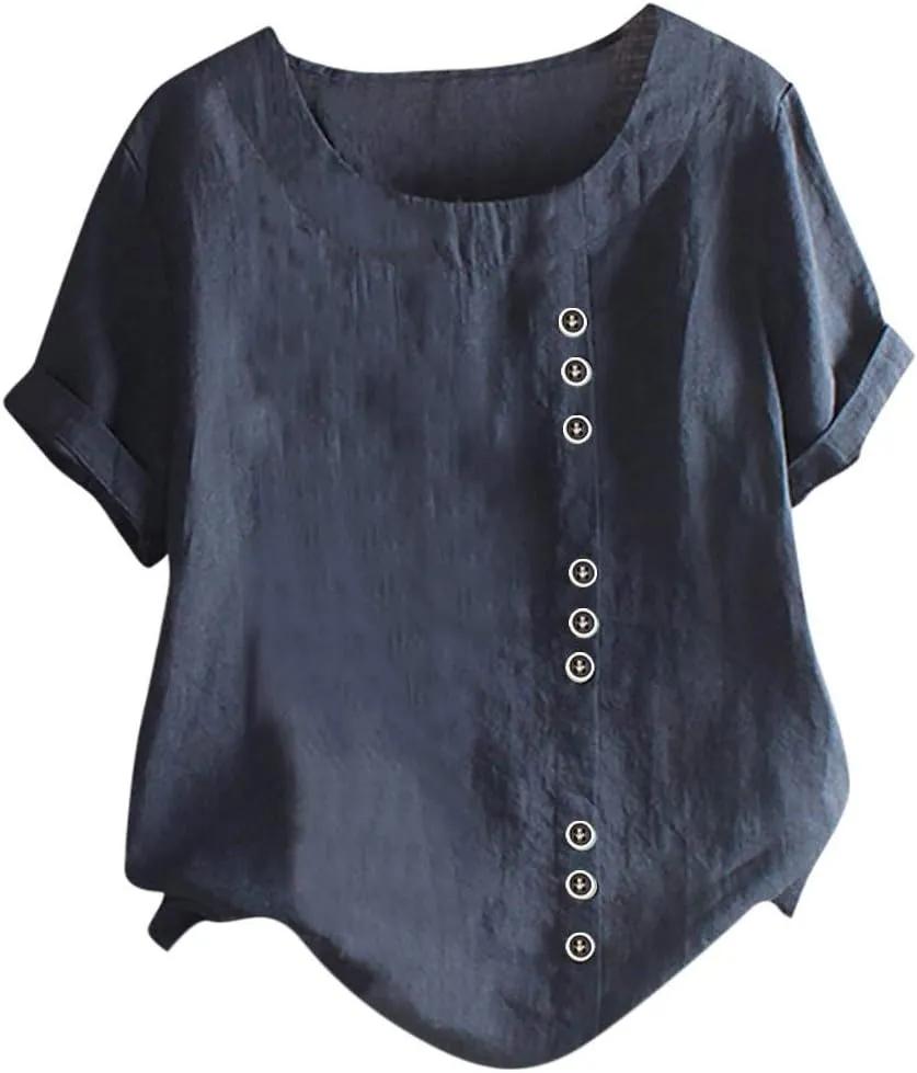 Women's Short Sleeve Linen Shirt Casual V Neck Oversized T Shirts Solid Color Loose Summer Tee Top